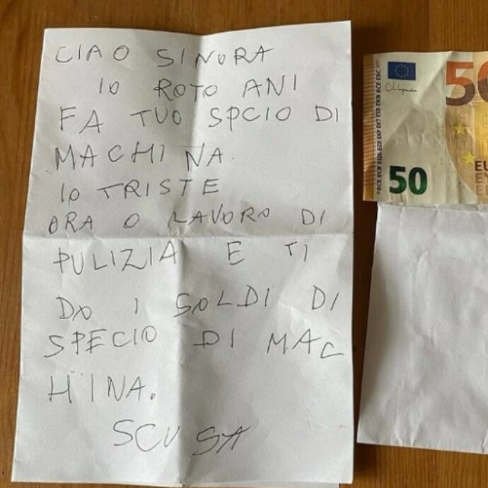 Le rompono lo specchietto e tre anni dopo riceve 50 euro di rimborso con una lettera di scuse: “Ora ho un lavoro e posso darti i soldi”