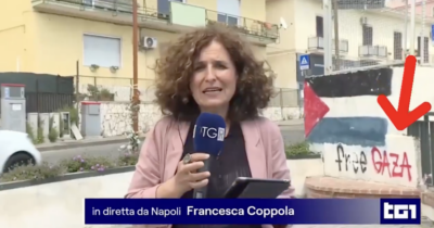 Copertina di "Free Gaza" e la bandiera della Palestina dipinti su un muretto: la telecamera del Tg1 si sposta subito altrove - IL VIDEO