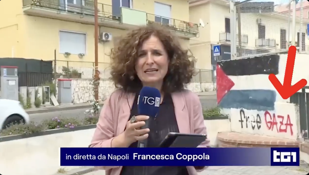 “Free Gaza” e la bandiera della Palestina dipinti su un muretto: la telecamera del Tg1 si sposta subito altrove “Free Gaza” e la bandiera della Palestina dipinti su un muretto: la telecamera del Tg1 si sposta subito altrove