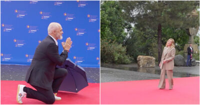 Copertina di Edi Rama si inginocchia di fronte a Meloni. Le premier scherza: “Lo fa solo per essere alto quanto me” – Video