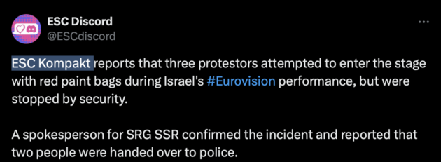 Eurovison 2025, “fermati i manifestanti Pro Palestina pronti a salire sul palco mentre cantava l’israeliana Yuval Raphael”. Lo rivela ESC Kompakt Eurovison 2025, “fermati i manifestanti Pro Palestina pronti a salire sul palco mentre cantava l’israeliana Yuval Raphael”. Lo rivela ESC Kompakt