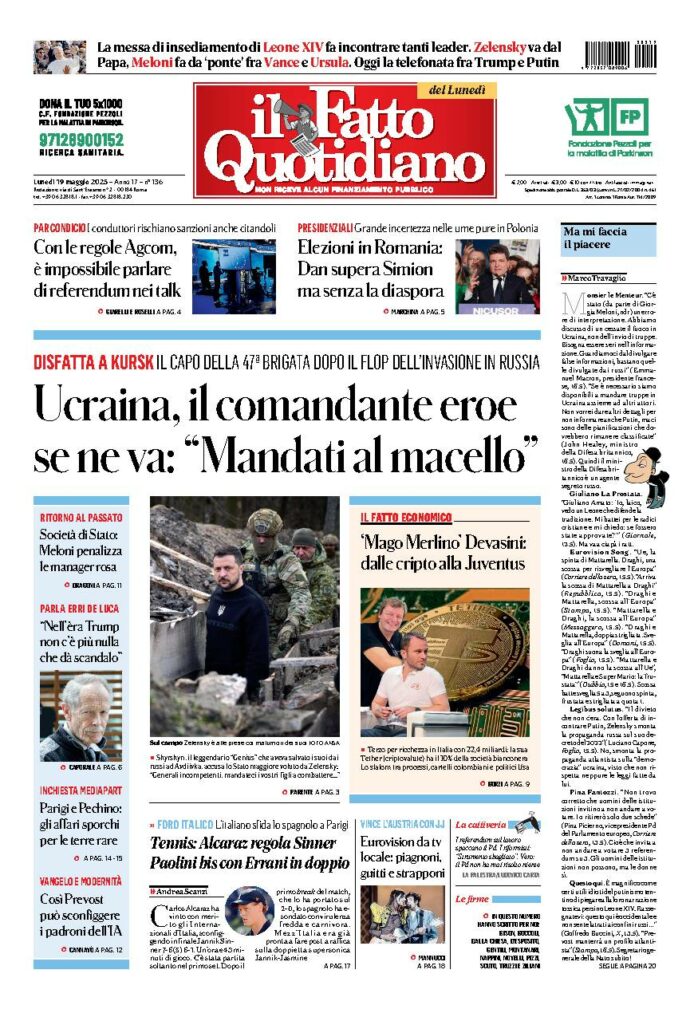 Copertina de Il Fatto Quotidiano di Lun 19 Maggio 2025