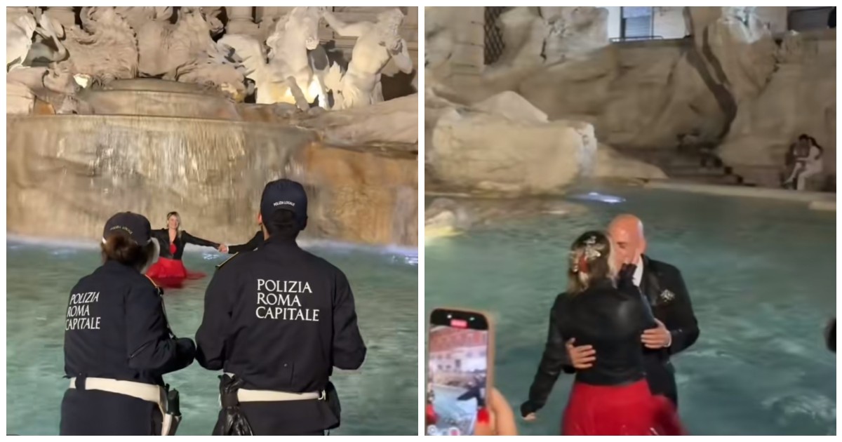 coppia di sposini si tuffa nella fontana di trevi per festeggiare le nozze interviene la polizia per multarli – il video