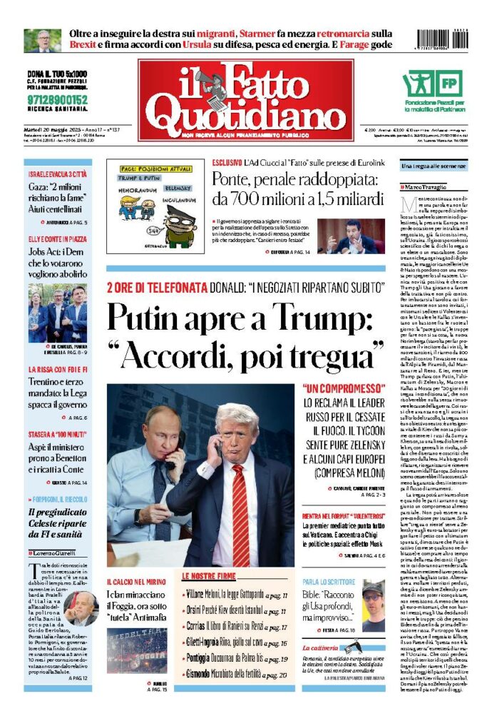 Copertina de Il Fatto Quotidiano di Mar 20 Maggio 2025