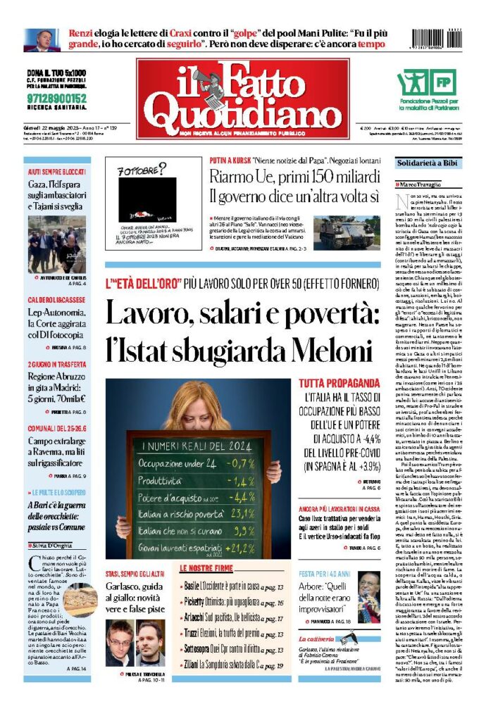 Copertina de Il Fatto Quotidiano di Gio 22 Maggio 2025