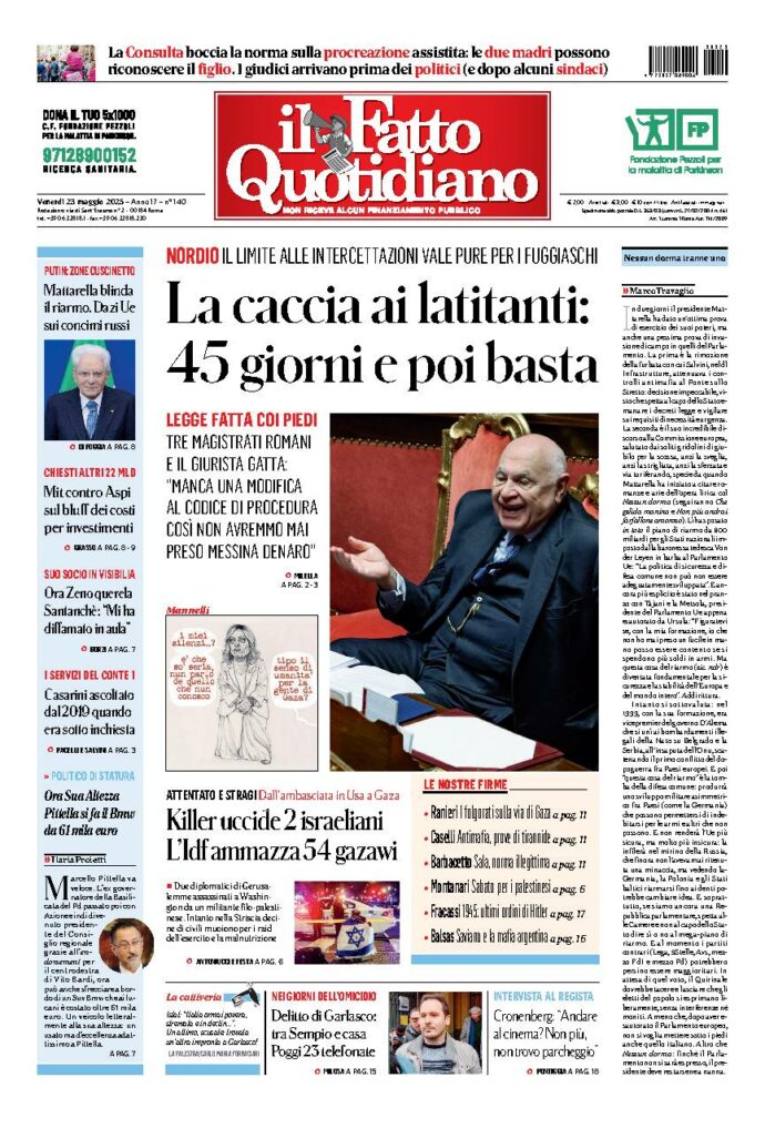 Copertina de Il Fatto Quotidiano di Ven 23 Maggio 2025