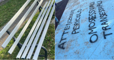 Copertina di Piacenza, la prima panchina arcobaleno della provincia vandalizzata in 48 ore. Presidio con il sindaco per ridipingerla