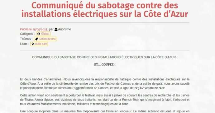 Gruppo anarchico rivendica i sabotaggi che hanno causato black out a Cannes e Nizza. “Contro il Festival e le industrie”