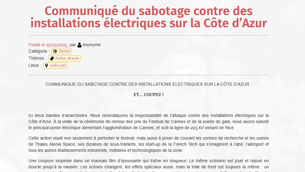 gruppo anarchico rivendica i sabotaggi che hanno causato black out a cannes e nizza contro il festival e le industrie da Ilfattoquotidiano.it gruppo anarchico rivendica i sabotaggi che hanno causato black out a cannes e nizza contro il festival e le industrie
