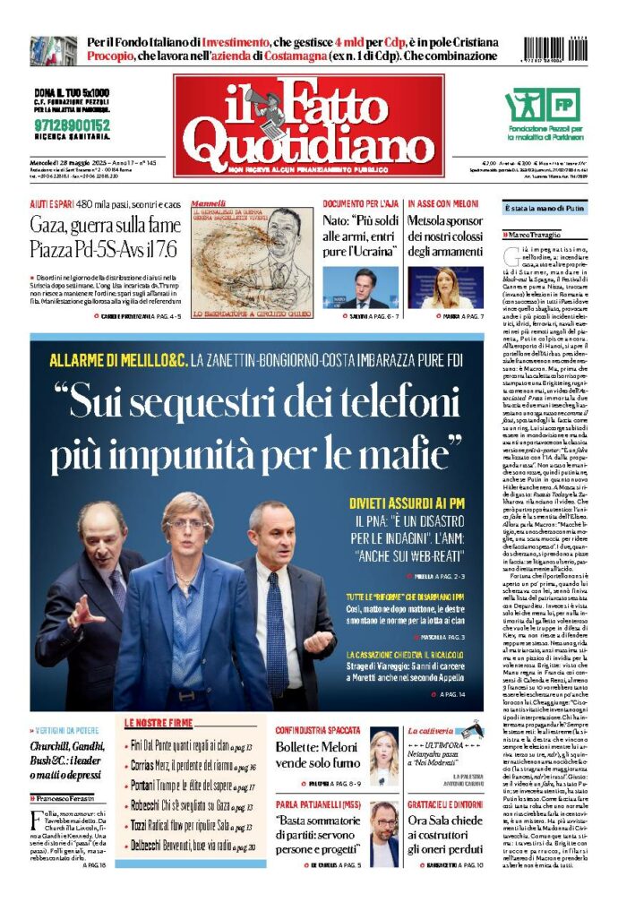 Copertina de Il Fatto Quotidiano di Mer 28 Maggio 2025
