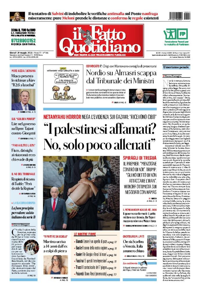 Copertina de Il Fatto Quotidiano di Gio 29 Maggio 2025
