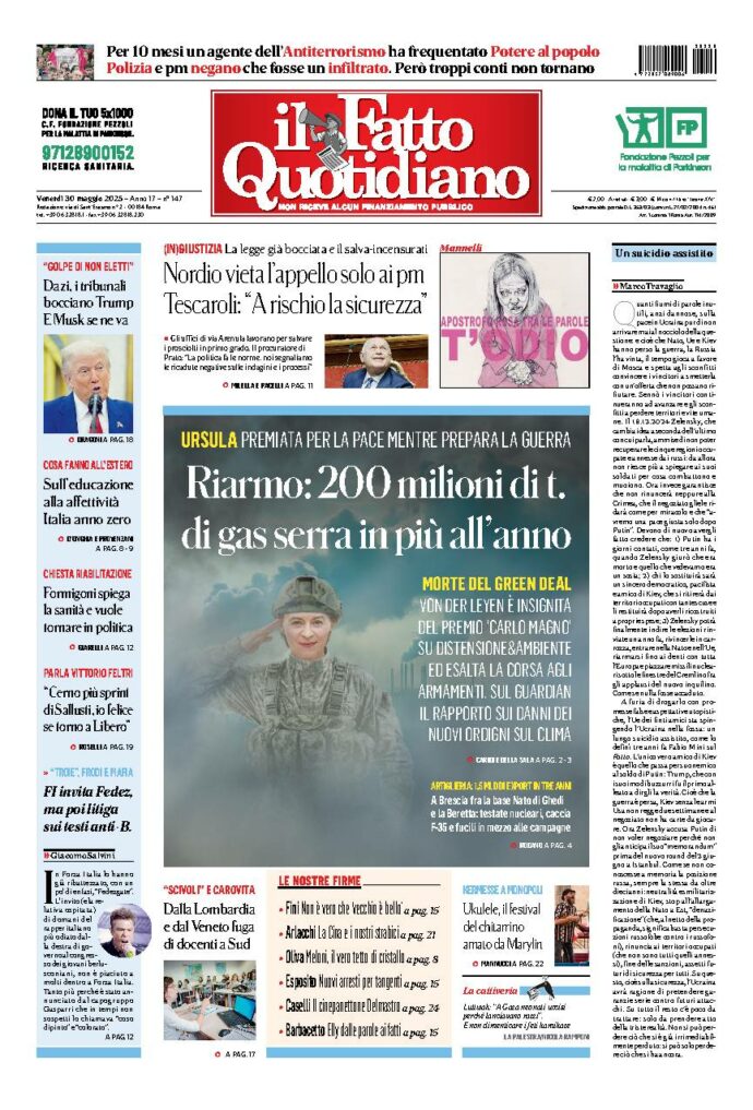 Copertina de Il Fatto Quotidiano di Ven 30 Maggio 2025
