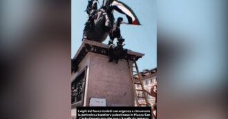 Copertina di Vigile del fuoco rimuove bandiera palestinese dal monumento a Emanuele Filiberto a Torino (poi la sventola) – Video