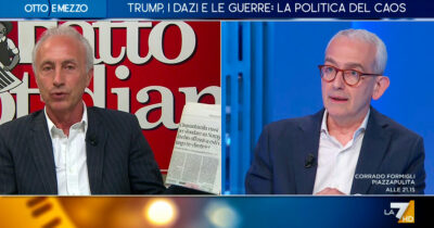 Copertina di Scontro Fubini-Travaglio su La7. “Mosca allo stremo”. “Strano, il tuo giornale dice che 50mila russi stanno per sfondare su Sumy”