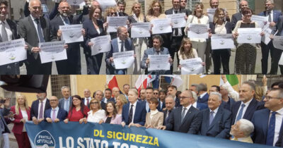 Copertina di La gioia di Lega e Fdi per il decreto Sicurezza si trasforma in un derby in piazza: a pochi metri striscioni e foto di gruppo (“Dov’è Germanà?”)