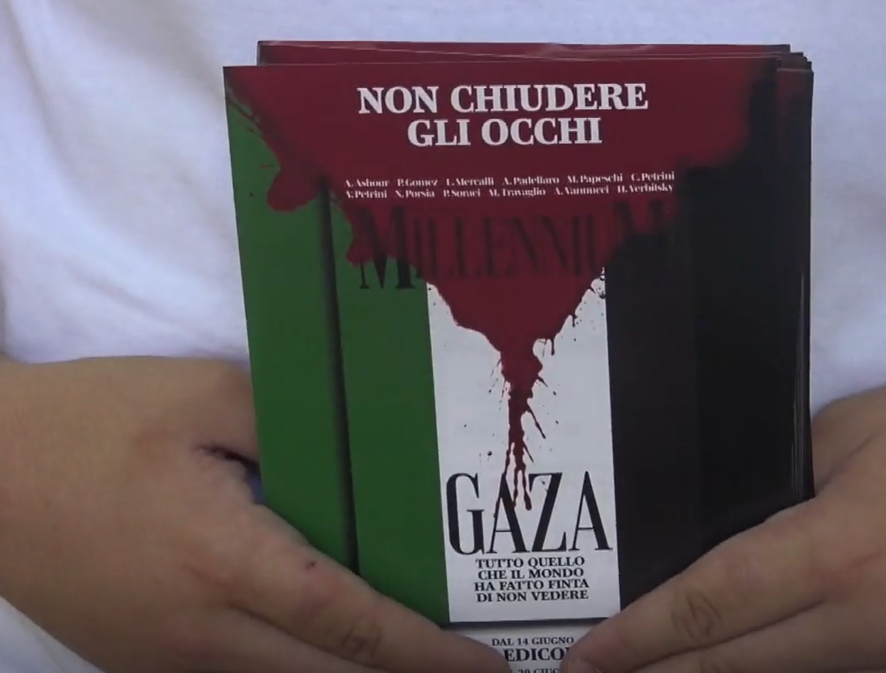 La copertina del numero speciale di MillenniuM su Gaza distribuita al corteo. In edicola dal 14 La copertina del numero speciale di MillenniuM su Gaza distribuita al corteo. In edicola dal 14