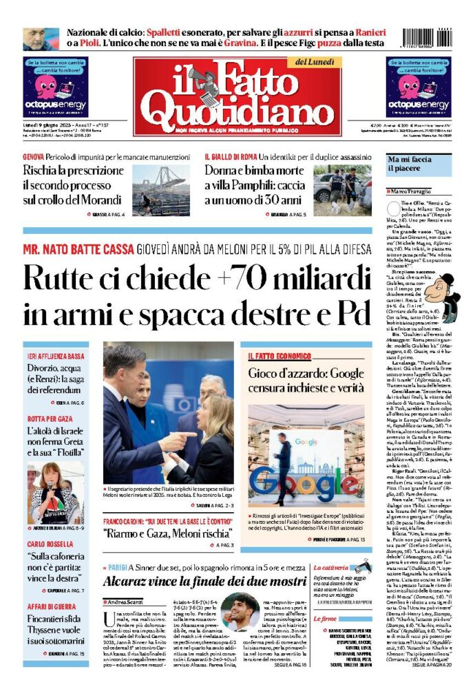 Copertina de Il Fatto Quotidiano di Lun 9 Giugno 2025
