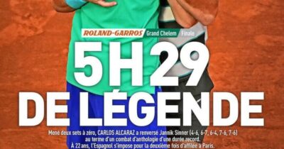 Copertina di “5H 29 de légende”: così la copertina de L’Équipe celebra Sinner e Alcaraz