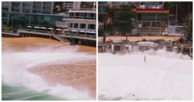 Copertina di “Le onde erano impressionanti, un gruppo di persone è anche entrato in acqua, sfidando gli avvertimenti”: le immagini dal drone (che sembrano AI) – VIDEO