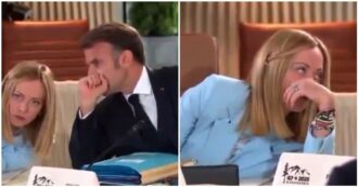 Copertina di Macron sussurra all’orecchio di Meloni e la premier alza gli occhi al cielo: il video virale dal G7