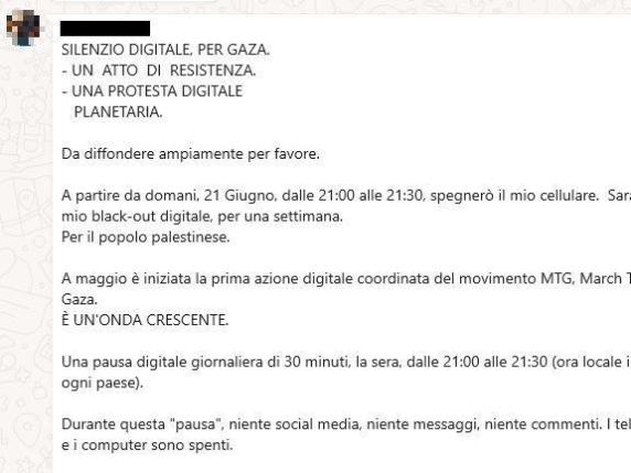 spegnete il telefono stasera alle 21 per 30 minuti silenzio digitale per gaza attenzione alla nuova bufala virale su whatsapp