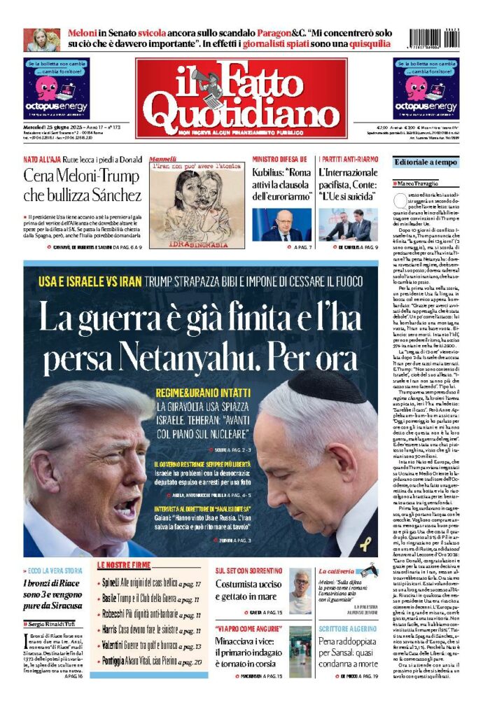 Copertina de Il Fatto Quotidiano di Mer 25 Giugno 2025