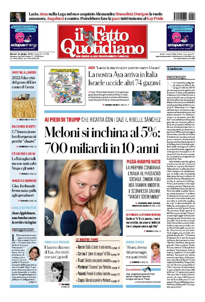 Copertina de Il Fatto Quotidiano di Gio 26 Giugno 2025