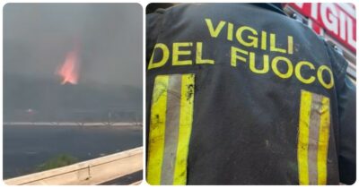 Copertina di Incendio nella pineta di Baia Domizia (Caserta), paura tra i bagnanti di uno stabilimento