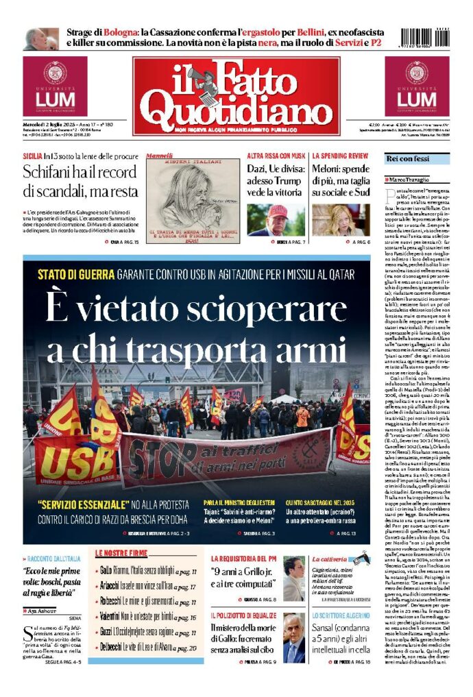 Copertina de Il Fatto Quotidiano di Mer 2 Luglio 2025