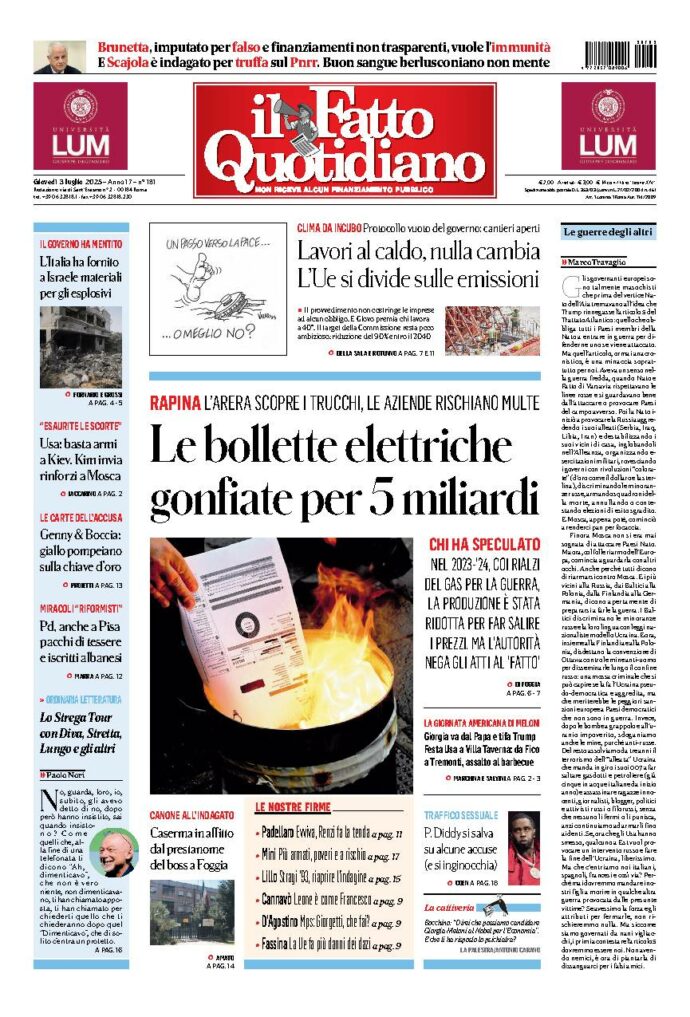 Copertina de Il Fatto Quotidiano di giovedì 3 Luglio 2025