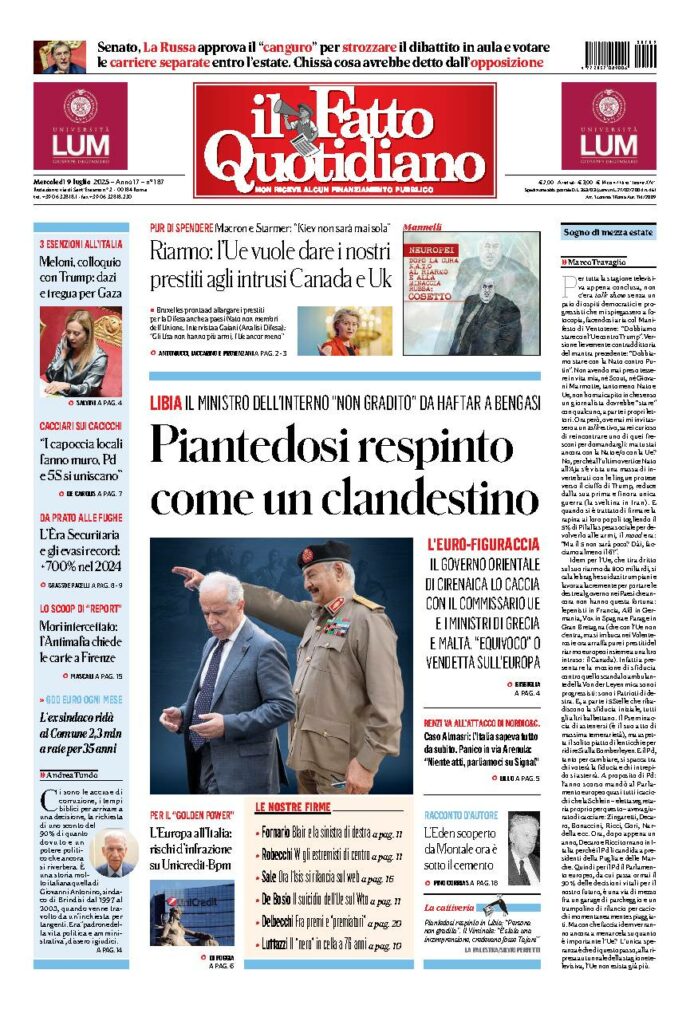 Copertina de Il Fatto Quotidiano di mercoledì 9 Luglio 2025