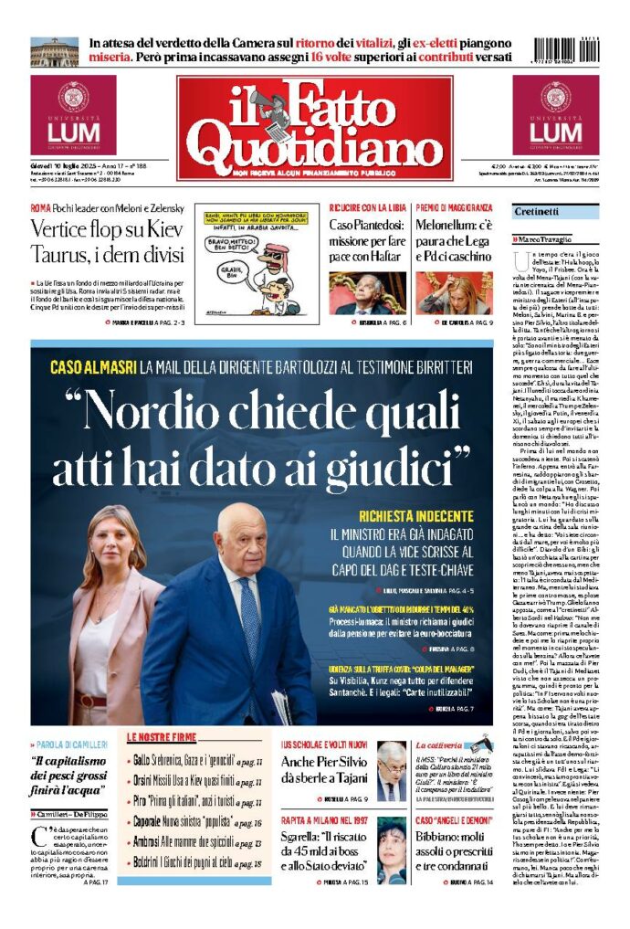 Copertina de Il Fatto Quotidiano di Gio 10 Luglio 2025