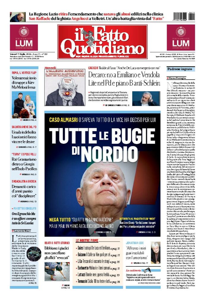 Copertina de Il Fatto Quotidiano di venerdì 11 Luglio 2025