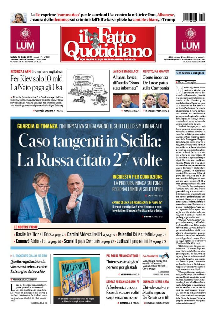 Copertina de Il Fatto Quotidiano di sabato 12 Luglio 2025