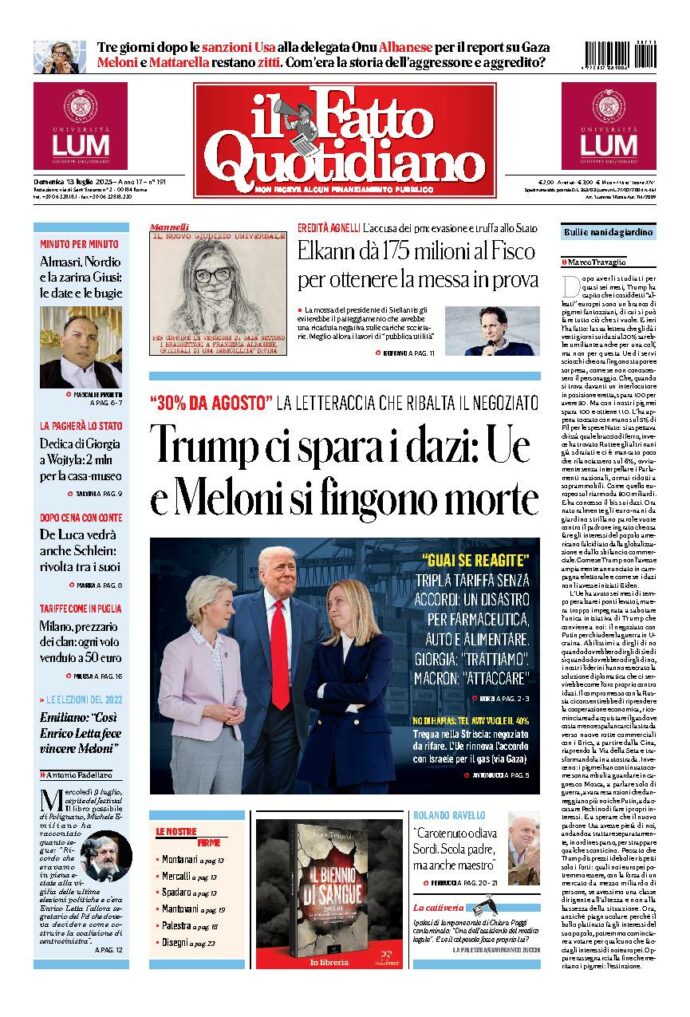 Copertina de Il Fatto Quotidiano di domenica 13 Luglio 2025