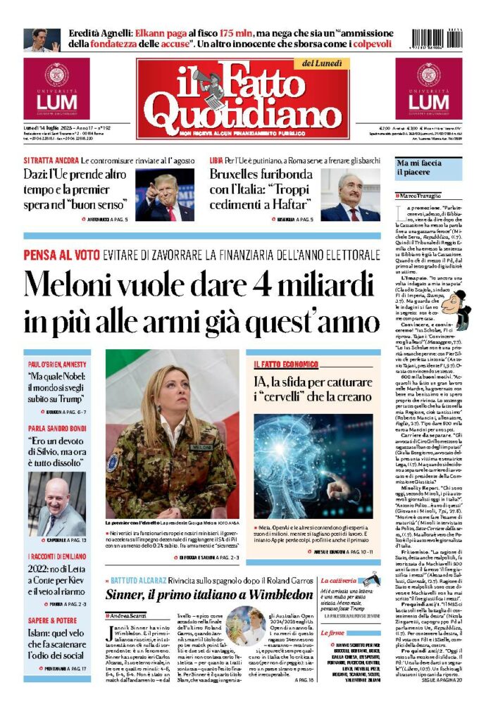 Copertina de Il Fatto Quotidiano di Lun 14 Luglio 2025