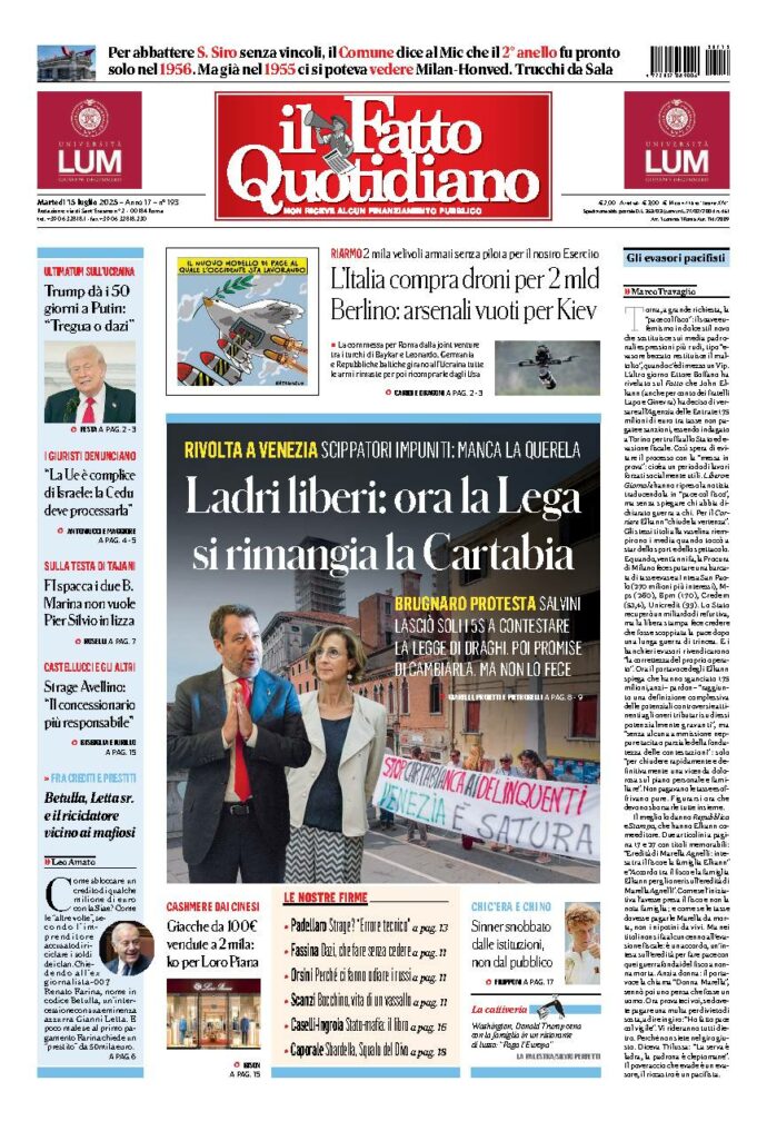 Copertina de Il Fatto Quotidiano di martedì 15 Luglio 2025