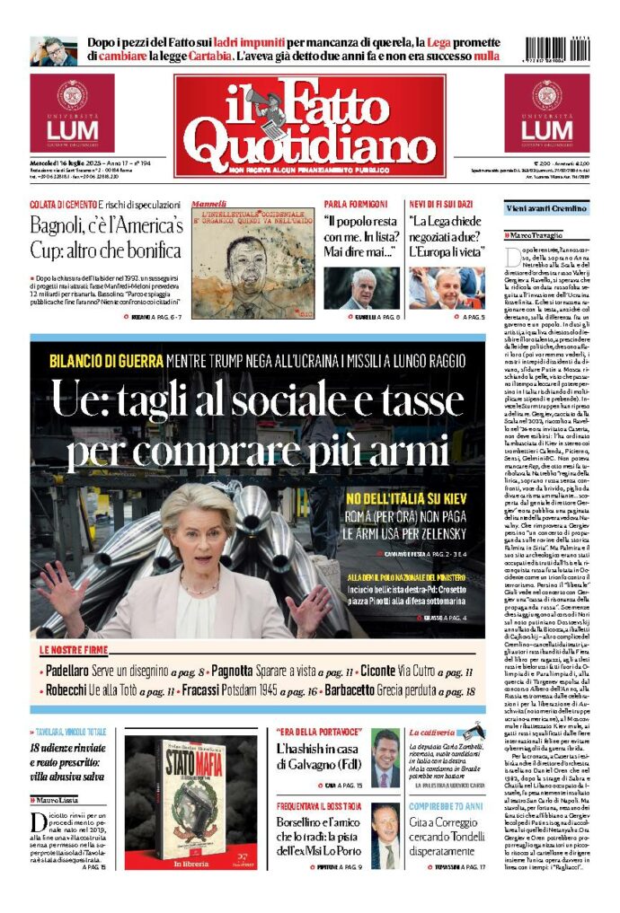 Copertina de Il Fatto Quotidiano di Mer 16 Luglio 2025
