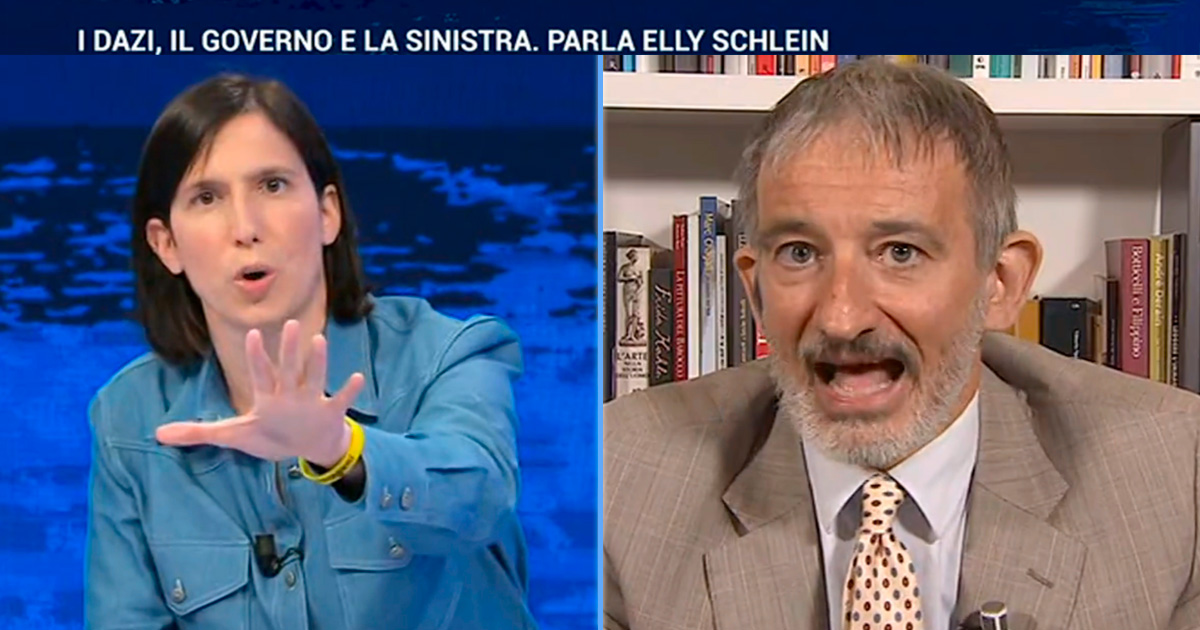 Schlein contro Senaldi: “Sánchez allontana gli impresentabili, Meloni li tiene al governo”. Su La7