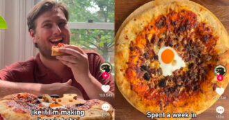 Copertina di Disgusto per la pizza con gli ingredienti della colazione inglese del tiktoker Shef Phoenix: “In Italia non mi inviteranno più”. Missione riuscita