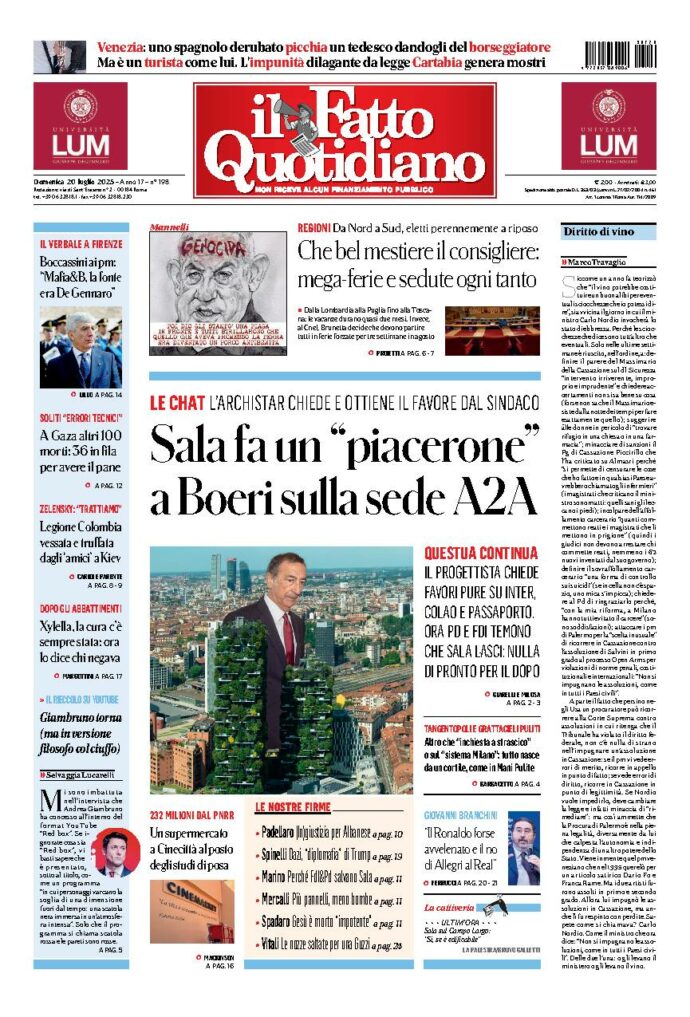 Copertina de Il Fatto Quotidiano di domenica 20 Luglio 2025