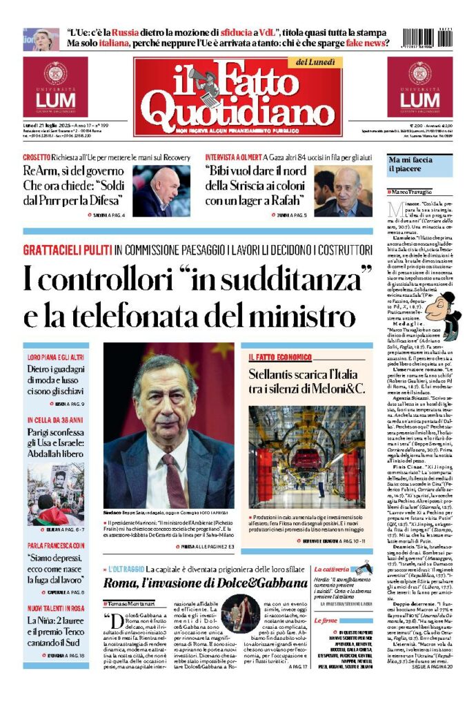 Copertina de Il Fatto Quotidiano di Lun 21 Luglio 2025