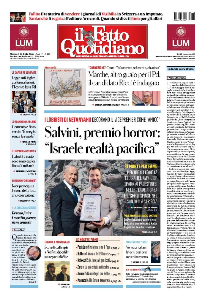 Copertina de Il Fatto Quotidiano di Mer 23 Luglio 2025