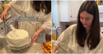 Copertina di La sposina trascorre la mattina del suo matrimonio a glassare la torta Red Velvet, preparata il giorno prima con la ricetta della nonna – IL VIDEO
