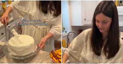 Copertina di La sposina trascorre la mattina del suo matrimonio a glassare la torta Red Velvet, preparata il giorno prima con la ricetta della nonna – IL VIDEO