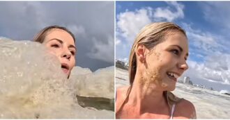 Copertina di “È salata”, ma non è schiuma di mare: influencer nuota felice e sorridente tra i liquami