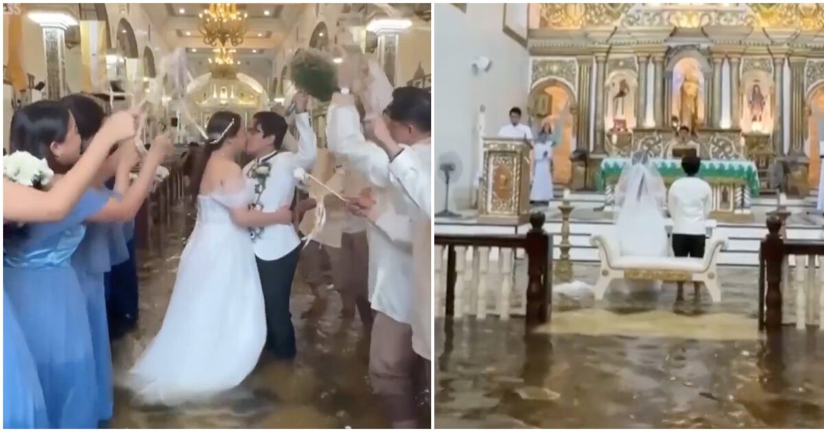 l8217alluvione non fermer224 il nostro matrimonio coppia si sposa nonostante la chiesa allagata il video degli invitati con in piedi nell8217acqua 232 virale