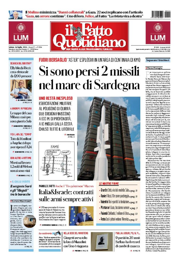 Copertina de Il Fatto Quotidiano di Sab 26 Luglio 2025