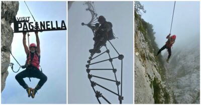 Copertina di Mauro Corona sospeso nel vuoto tra le nuvole: le incredibili immagini della scalata della Ferrata delle Aquile a 74 anni