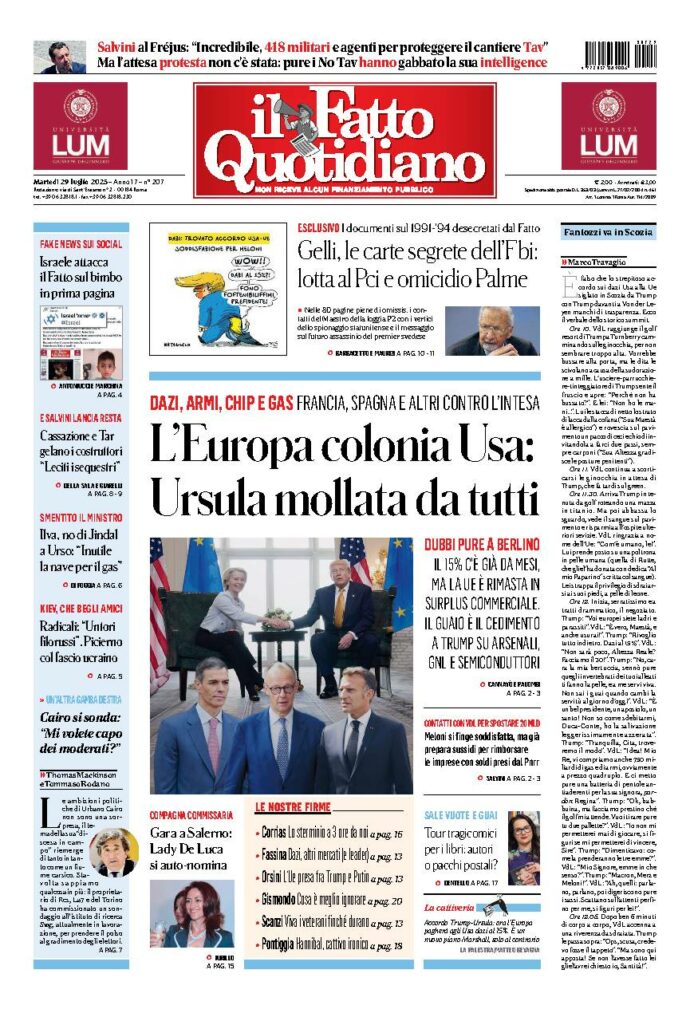 Copertina de Il Fatto Quotidiano di martedì 29 Luglio 2025
